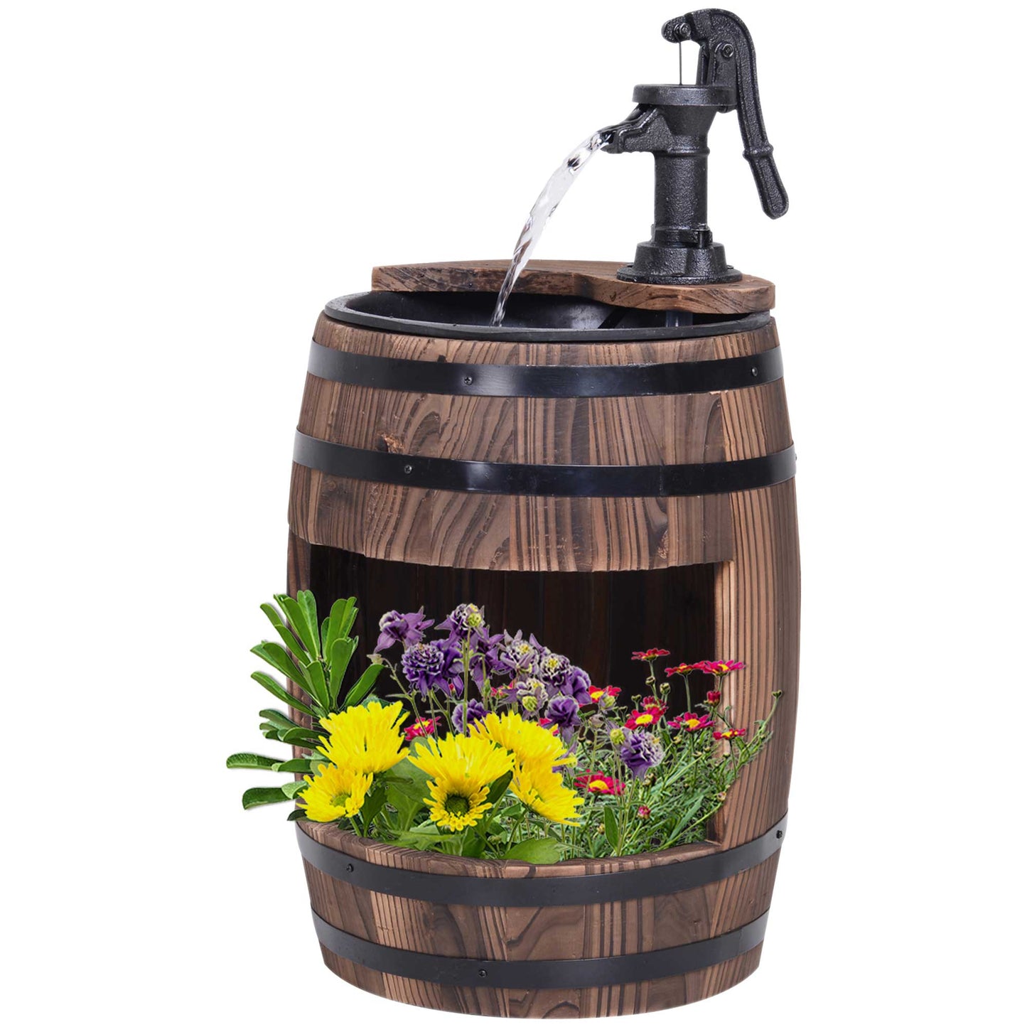 Wood Barrel Pump Garden Fountain Water Feature Flower Planter Stand New
