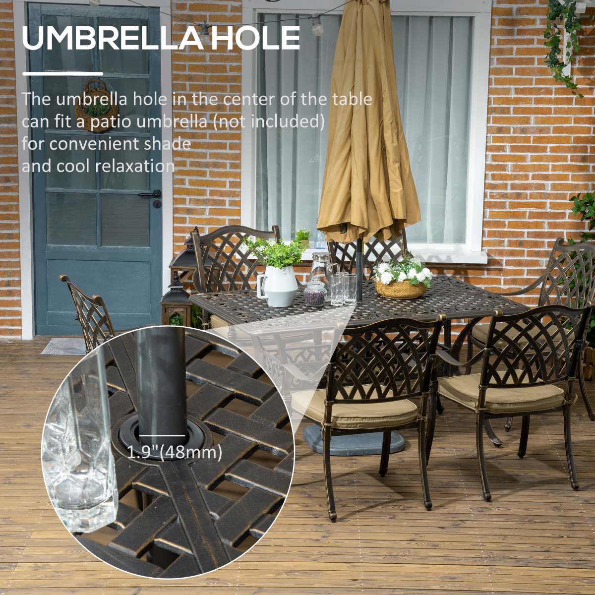 Outsunny 7-PC Cast Aluminum Patio Dining Set w/ Umbrella Hole & Cushion, Bronze