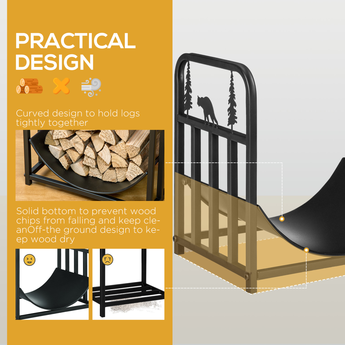 Firewood Log Rack Curved Log Holder Wood Storage Handles Rack Bear Shape