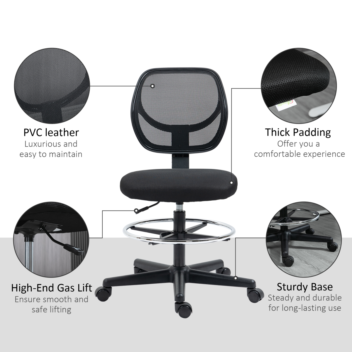 Draughtsman Chair Tall Office Chair w/ Adjustable Footrest Ring Black