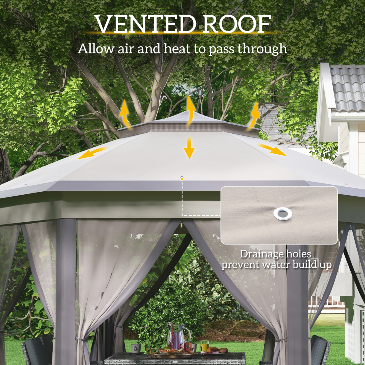 Metal Frame Mesh Draped 2-Tier Roof Gazebo