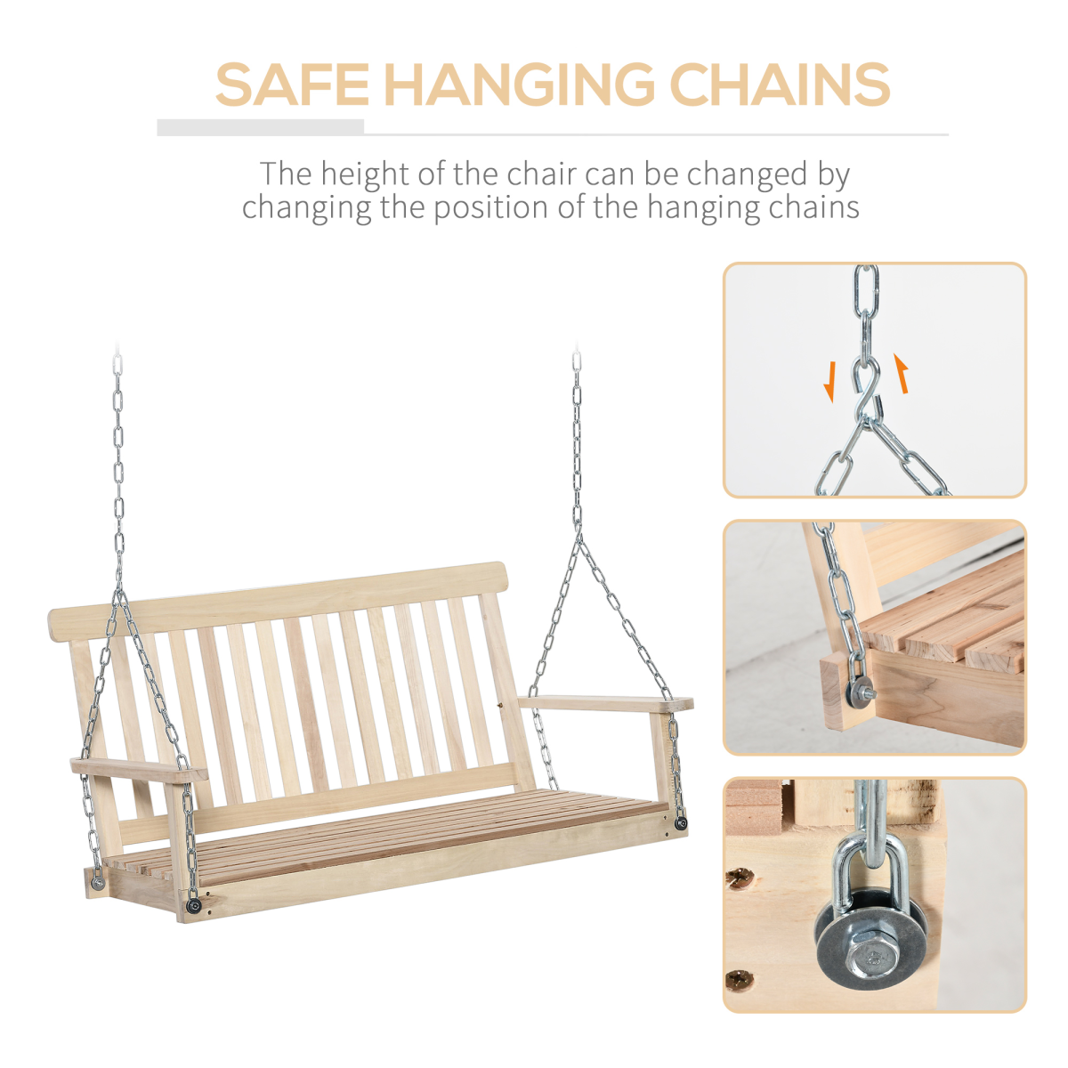 Wooden 2-Seater Poch Swing Chair Hanging Hammock Chains