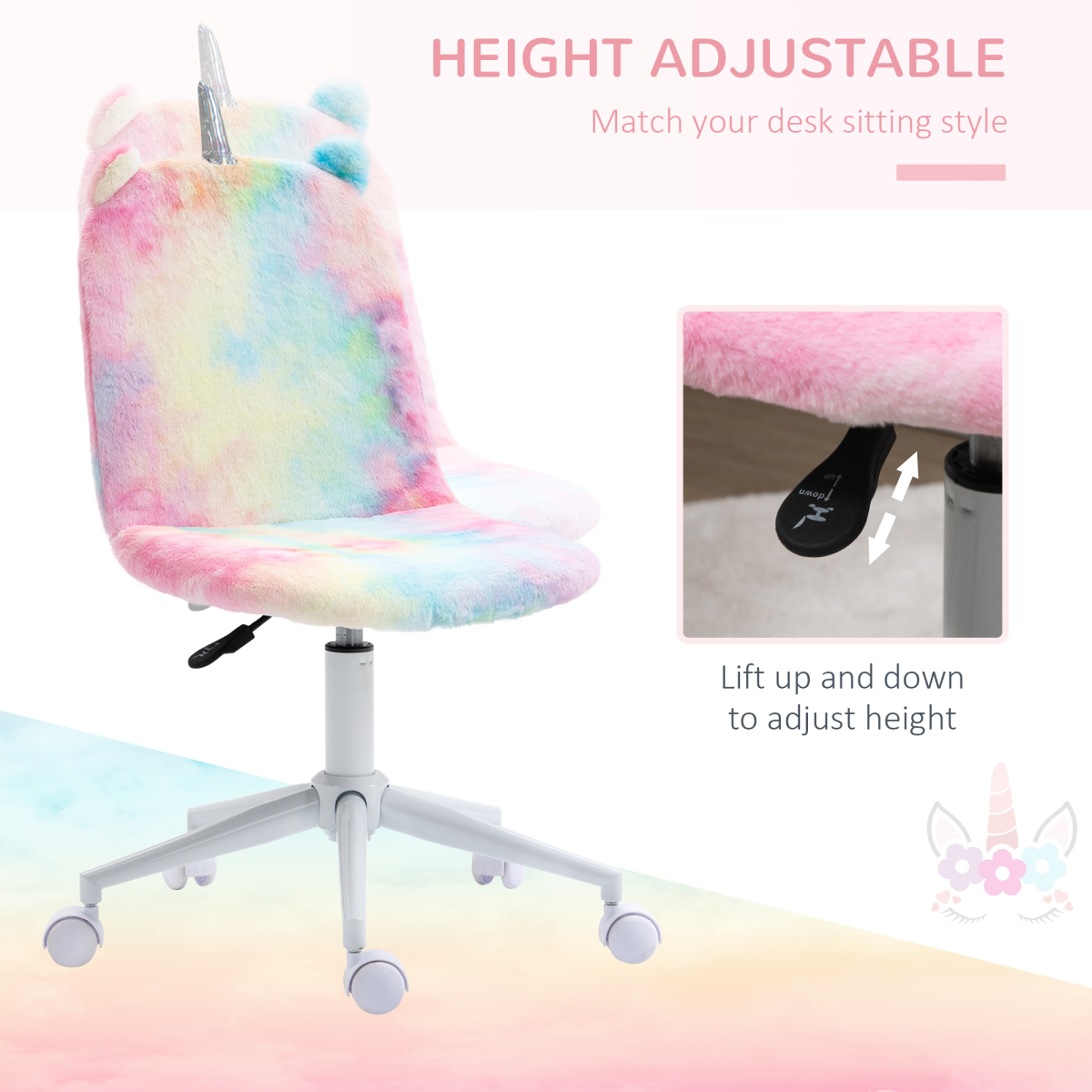Fluffy Unicorn Office Chair w/ Swivel Wheel, Cute Desk Chair, Rainbow