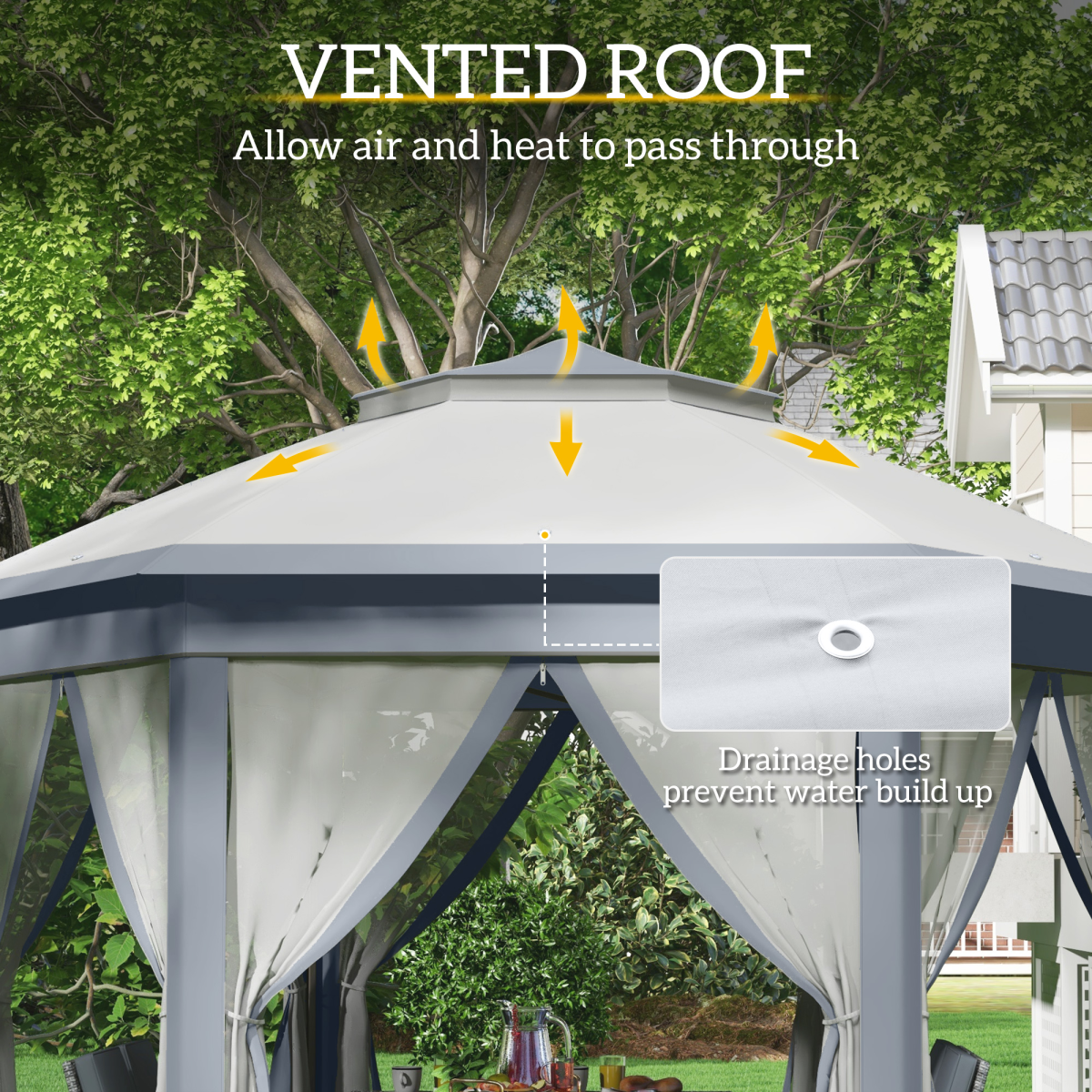 Hexagon Pop Up Gazebo Double Roof Netting, 4m x 4m, Grey w/ Mesh, 4x4m