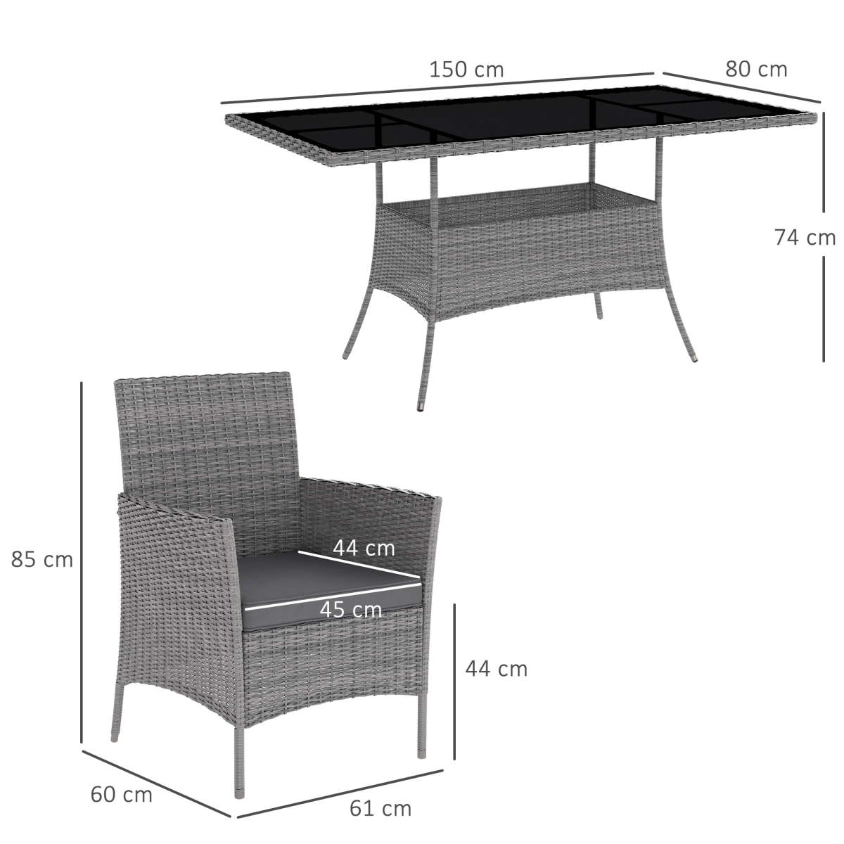 Outsunny Rattan Dining Set for 6 with Cushions, Glass Top Table