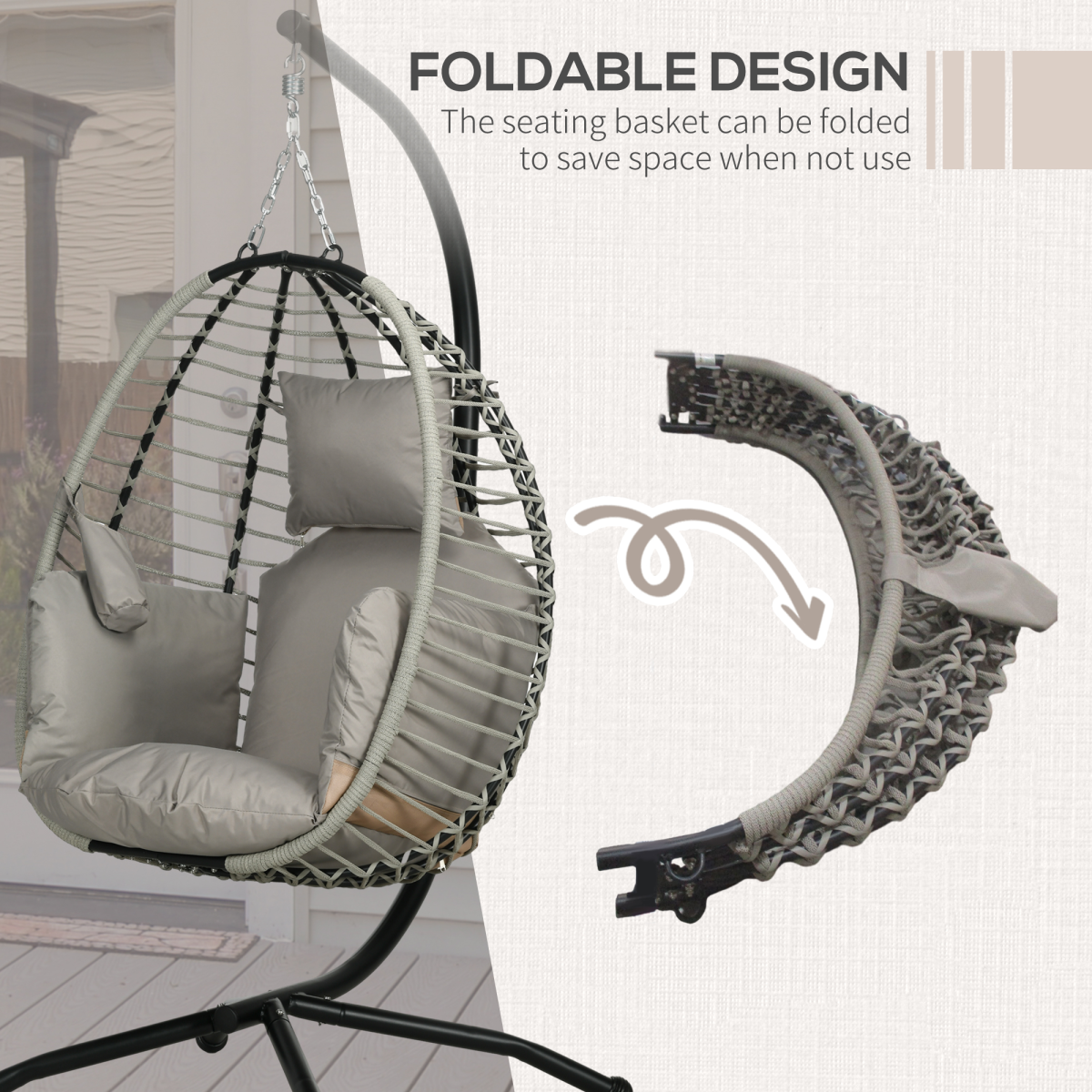 Hanging Swing Chair with Thick Cushion, Patio Hanging Chair, Grey