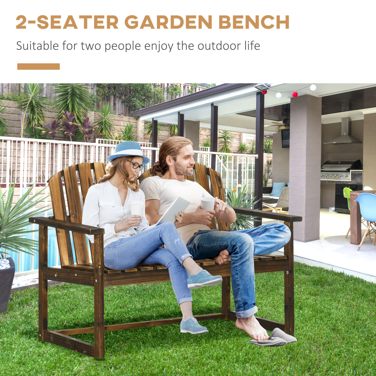 Outdoor Wooden Bench for Two People, Patio Loveseat Chair with Slatted Backrest