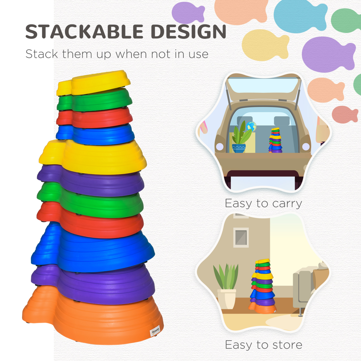 Fish Shaped Balance Stepping Stones for Kids - Multicoloured 11-Piece