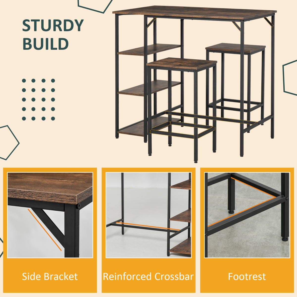 Industrial Bar Height Dining Table Set With 2 Stools & Side Shelf