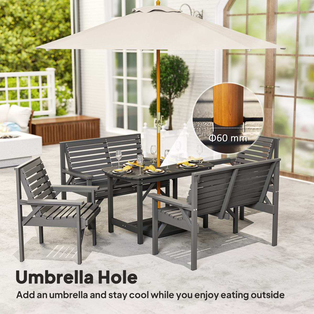 Patio Dining Set Wooden Table and Chairs w/ Umbrella Hole Grey 5PC