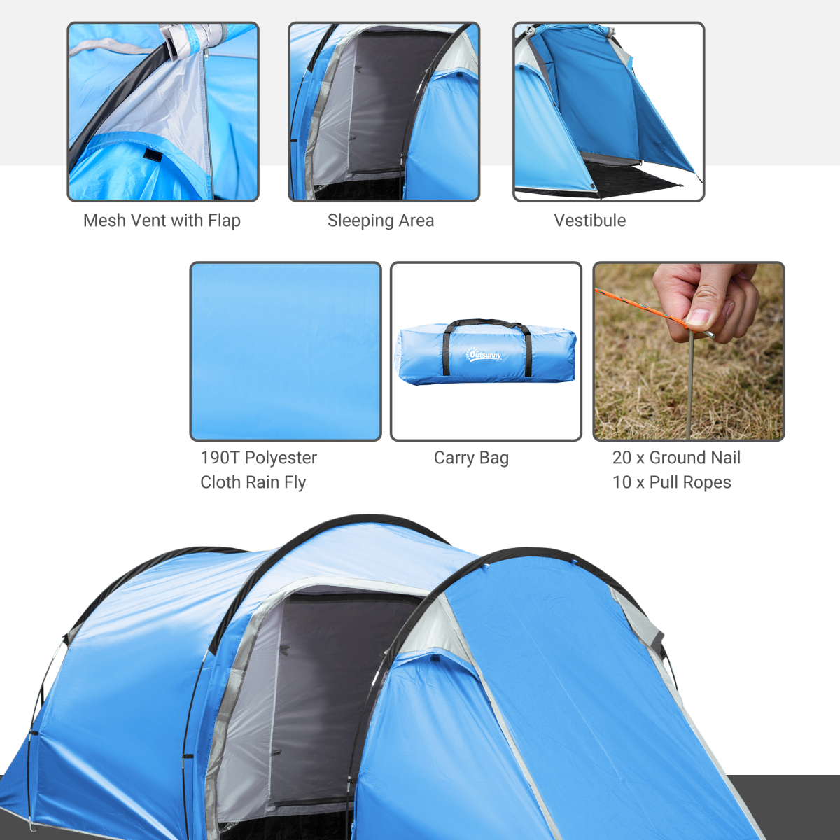 Camping Tent w/ 2 Rooms Porch Vents Rainfly Weather-Resistant 3 persons