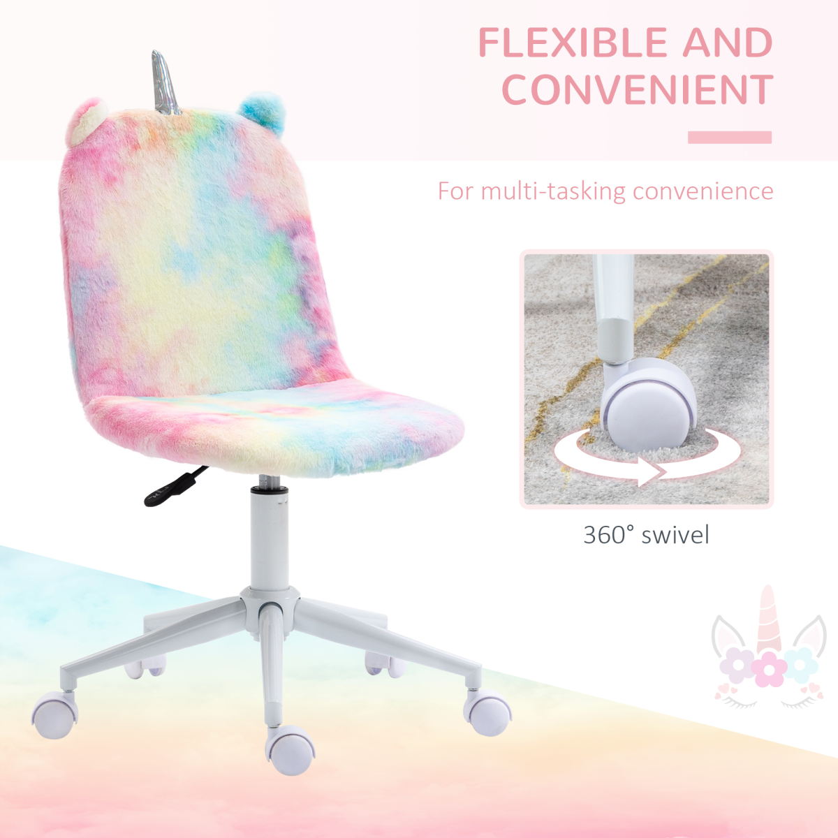 Fluffy Unicorn Office Chair w/ Swivel Wheel, Cute Desk Chair, Rainbow