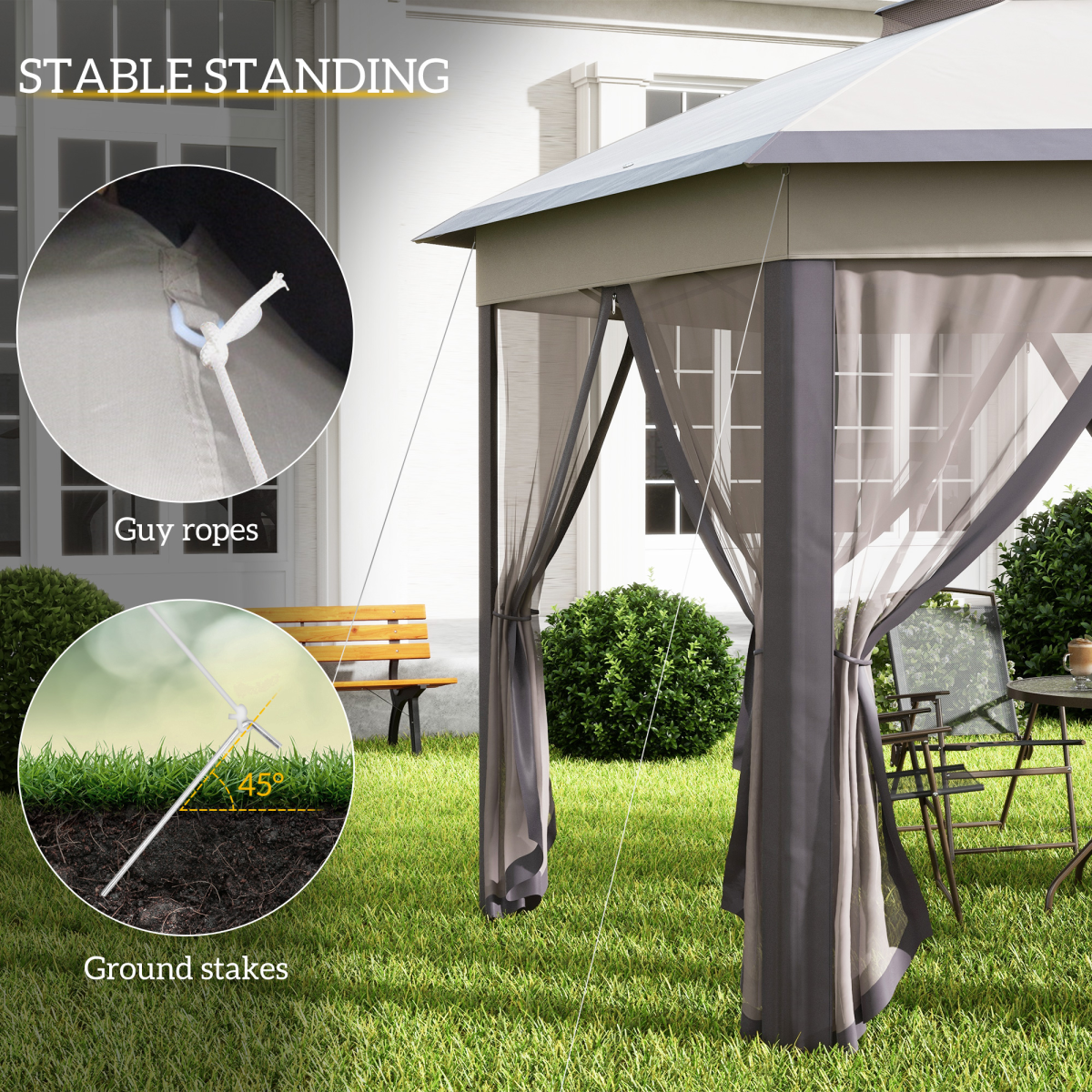 Metal Frame Mesh Draped 2-Tier Roof Gazebo