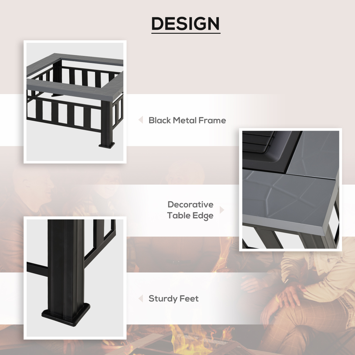 Fire Pit, Square Shape, W/Waterproof Cover-Black/Grey