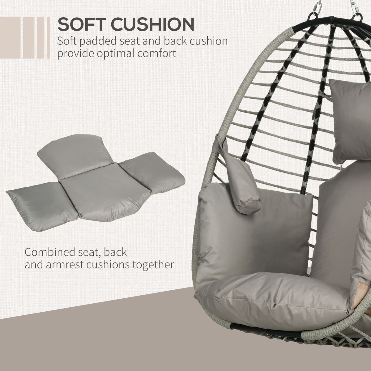 Hanging Swing Chair with Thick Cushion, Patio Hanging Chair, Grey