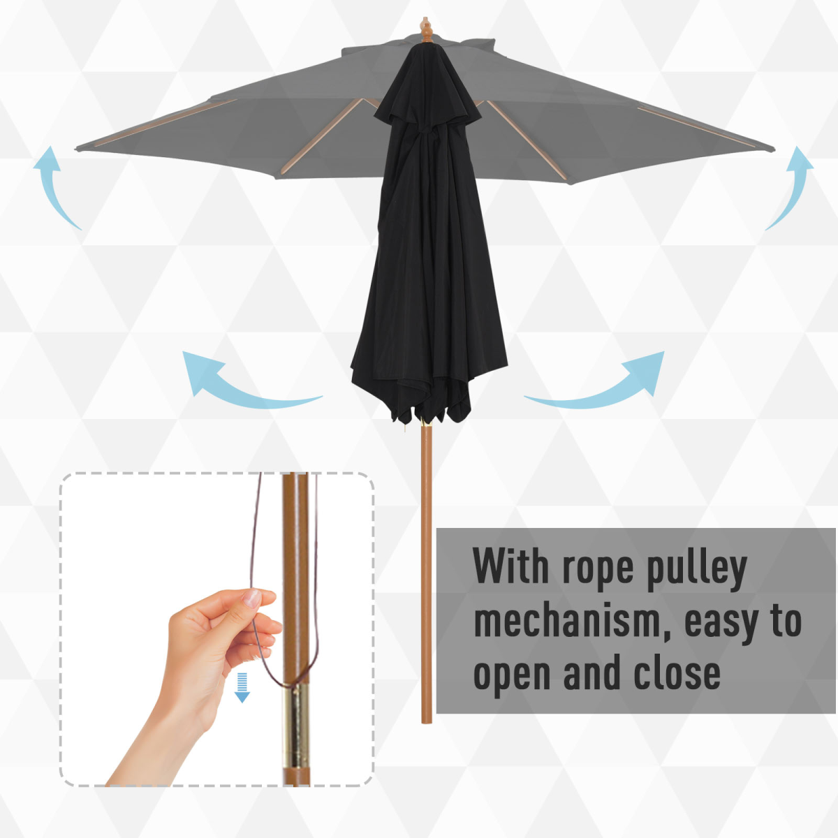 Wood Garden Parasol Sun Shade Patio Outdoor Wooden Umbrella Canopy Black 2.5m