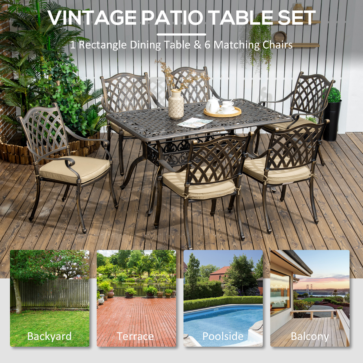 Outsunny 7-PC Cast Aluminum Patio Dining Set w/ Umbrella Hole & Cushion, Bronze