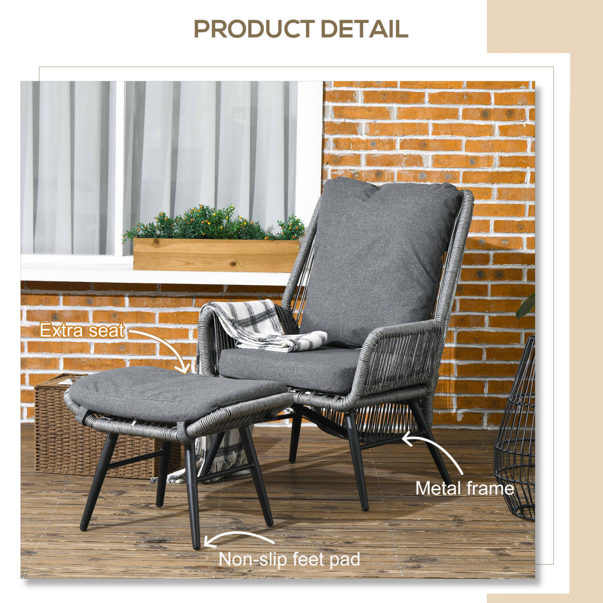 Outsunny Garden Rattan Leisure Chair Set with Adjustable Backrest, Grey