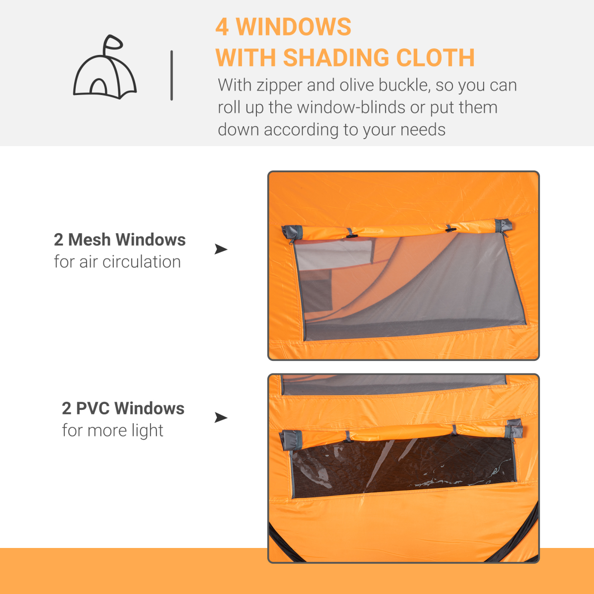 Camping Tent Dome Pop-up Tent  with Windows for 4-5 Person Orange