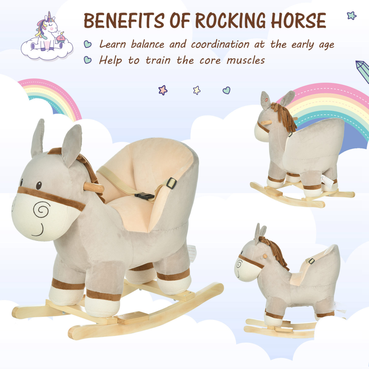 Cute Kids Ride-On Rocking Donkey Sound Handlebars Seat Belt Plush Body