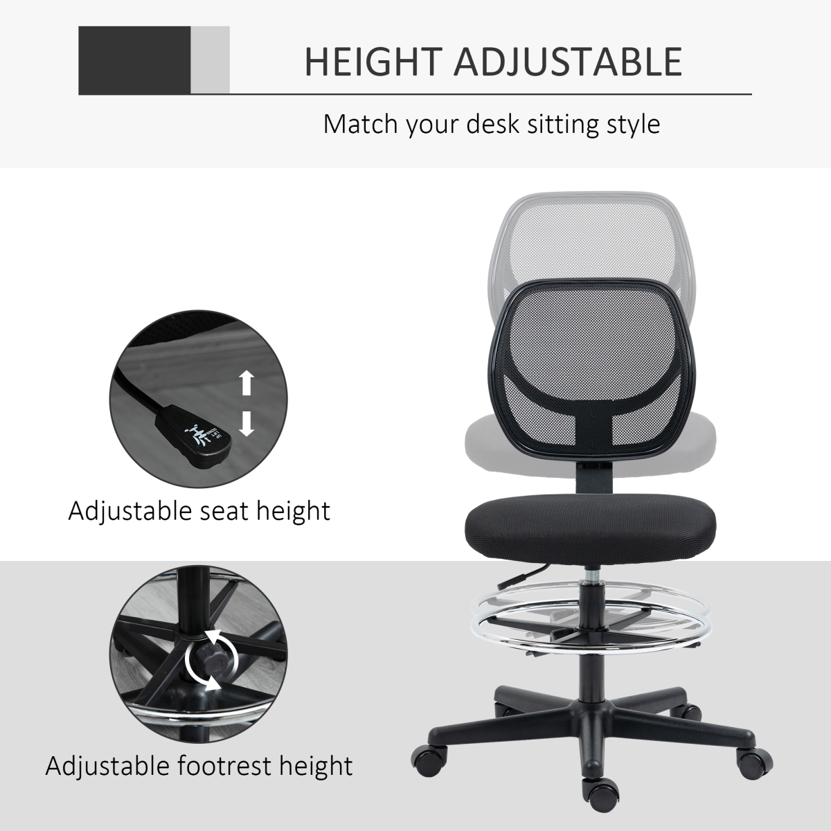 Draughtsman Chair Tall Office Chair w/ Adjustable Footrest Ring Black