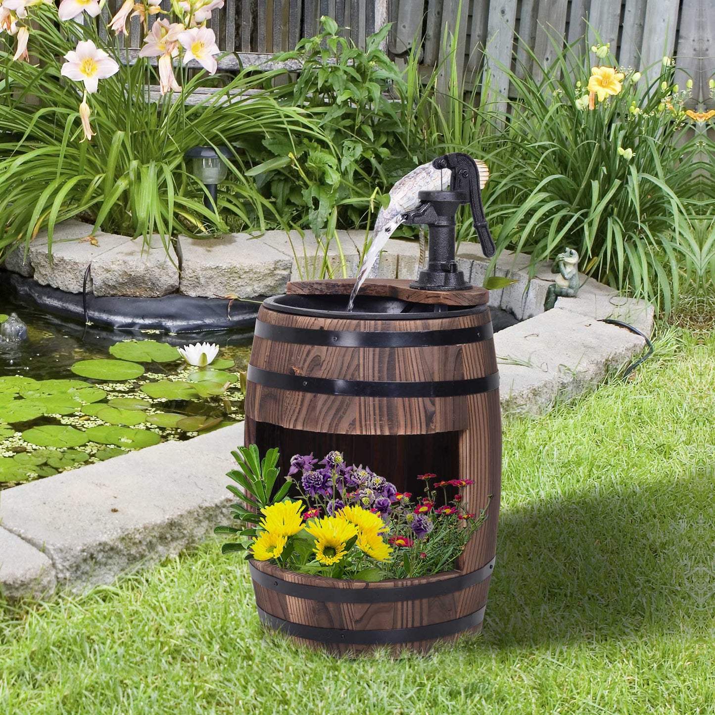 Wood Barrel Pump Garden Fountain Water Feature Flower Planter Stand New