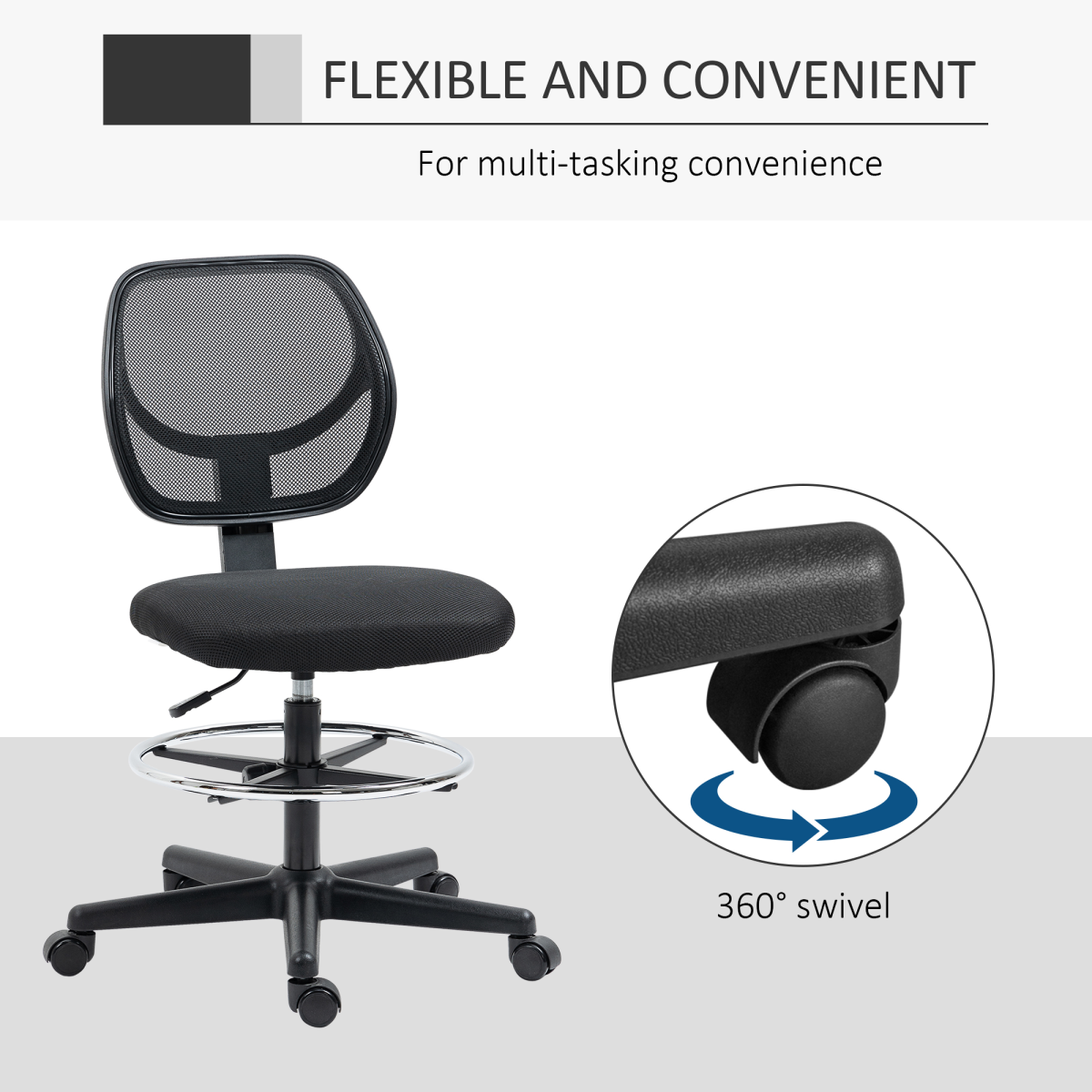 Draughtsman Chair Tall Office Chair w/ Adjustable Footrest Ring Black