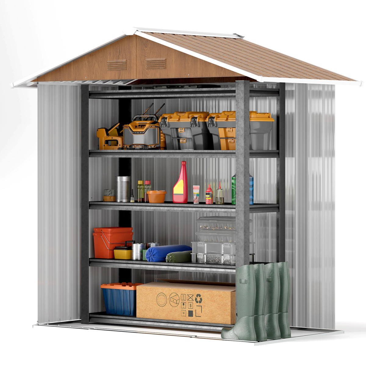 Metal Garden Shed for Garden, Brown Wood Effect 6.5x3.5ft