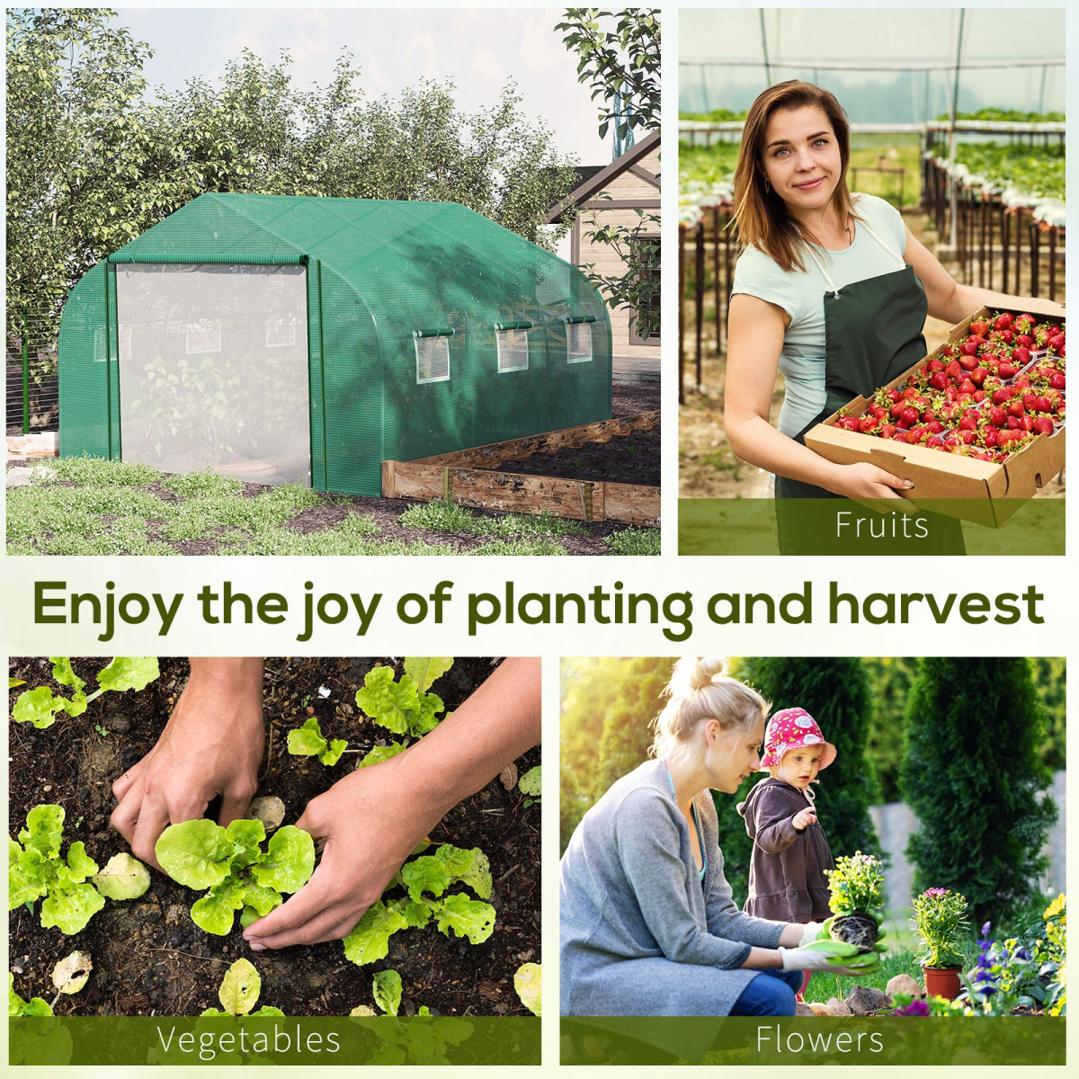 Walk-in Garden Greenhouse Zippered Roll Up Door & 6 Windows, 3.5 x 3 x 2m, Green