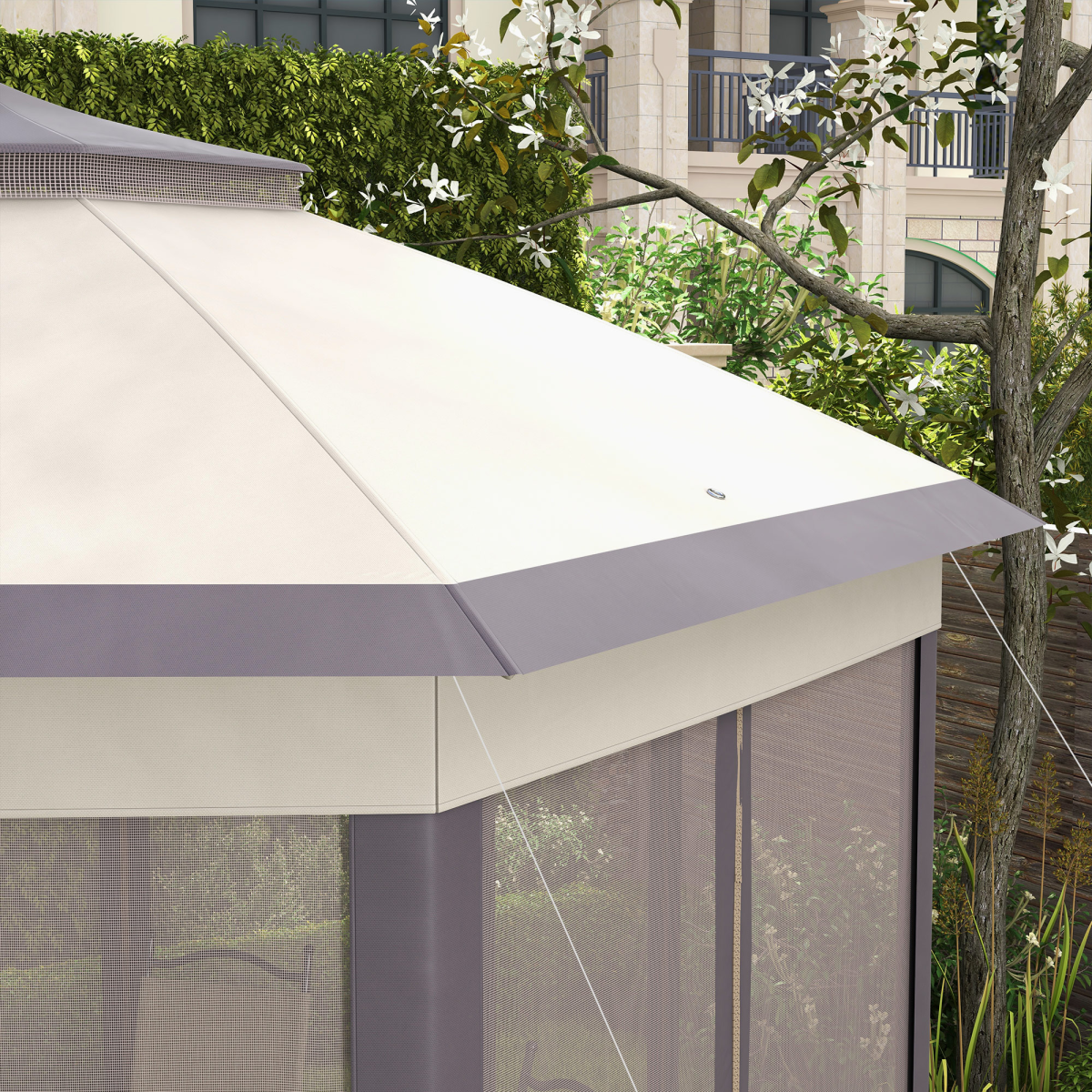 Metal Frame Mesh Draped 2-Tier Roof Gazebo