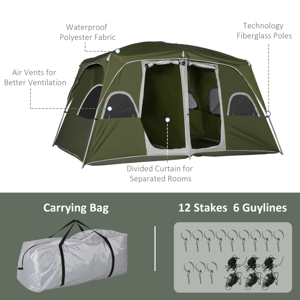 Camping Tent, Family Tent 4-8 Person 2 Room Easy Set Up, Green Outsunny