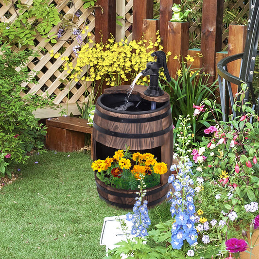 Wood Barrel Pump Garden Fountain Water Feature Flower Planter Stand New