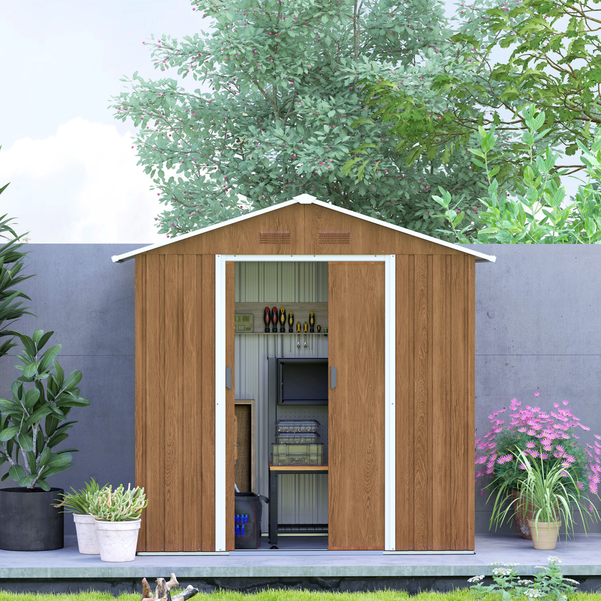 Metal Garden Shed for Garden, Brown Wood Effect 6.5x3.5ft