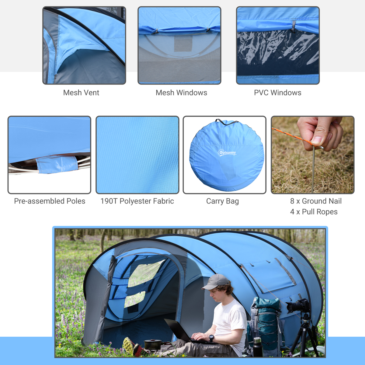 Camping Tent Dome Pop-up Tent with Windows for 4-5 Person Sky Blue