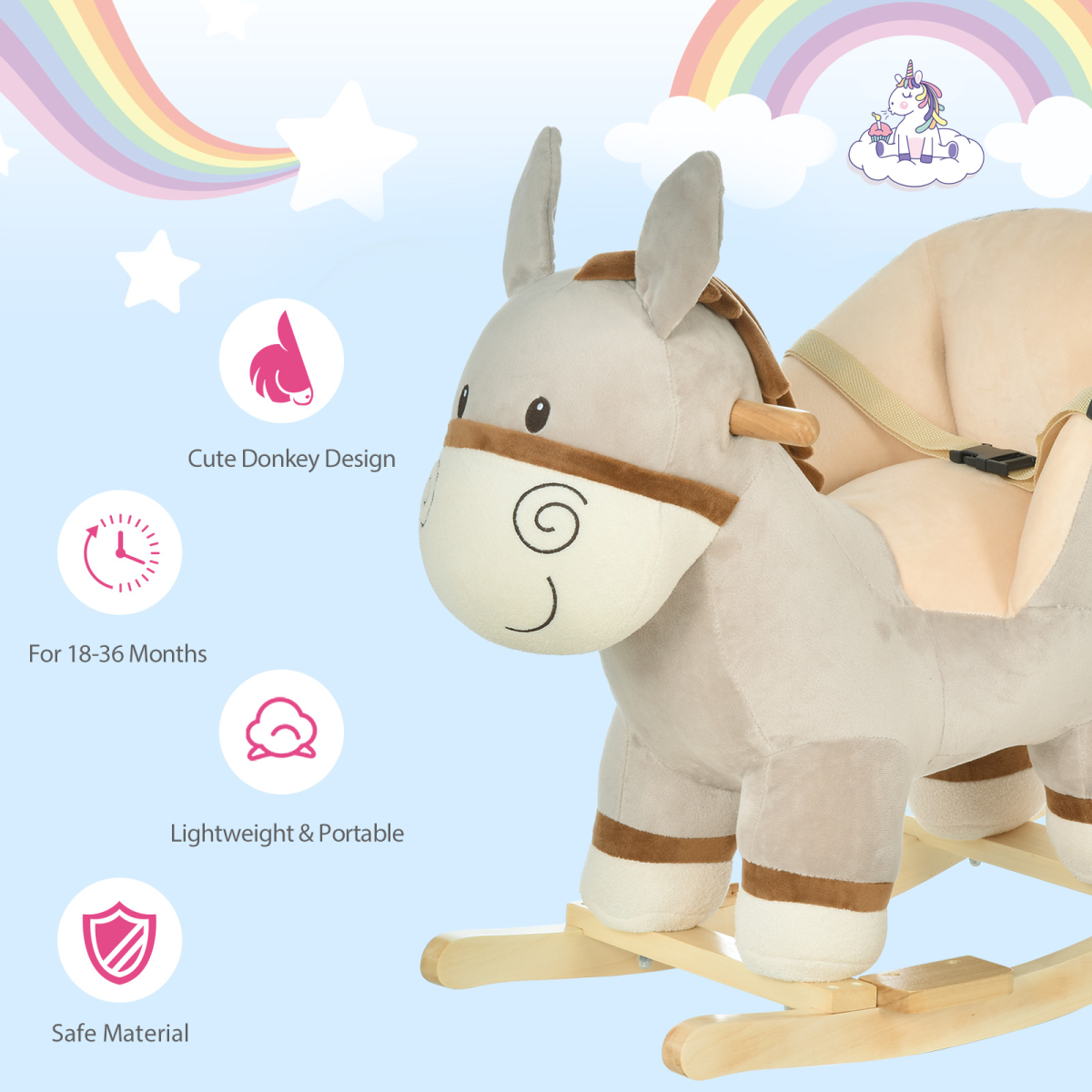 Cute Kids Ride-On Rocking Donkey Sound Handlebars Seat Belt Plush Body