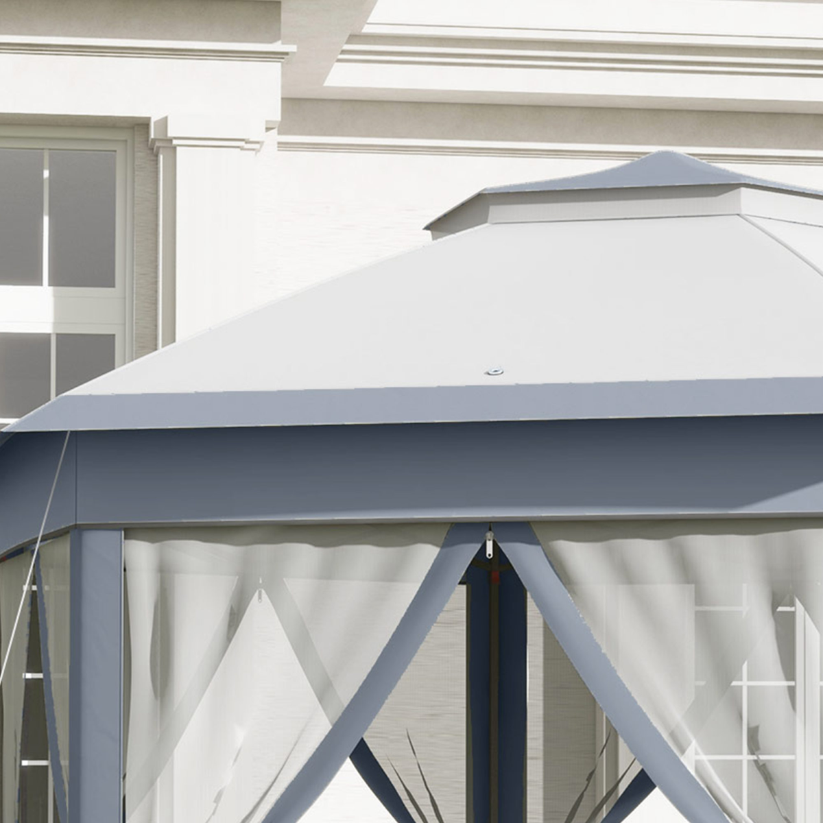 Hexagon Pop Up Gazebo Double Roof Netting, 4m x 4m, Grey w/ Mesh, 4x4m