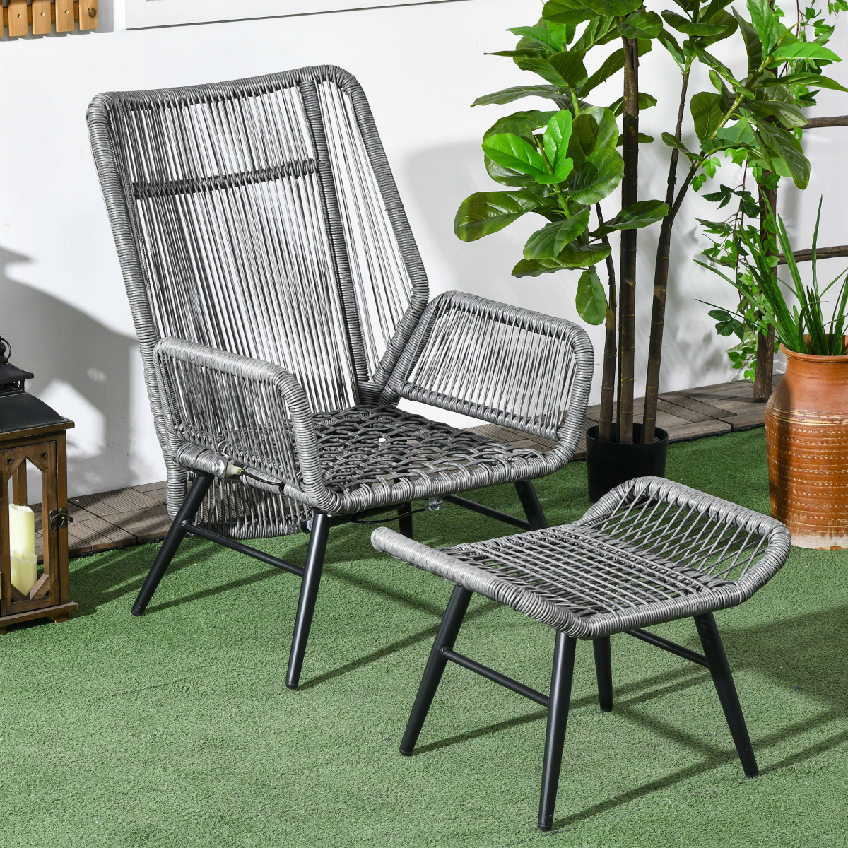 Outsunny Garden Rattan Leisure Chair Set with Adjustable Backrest, Grey