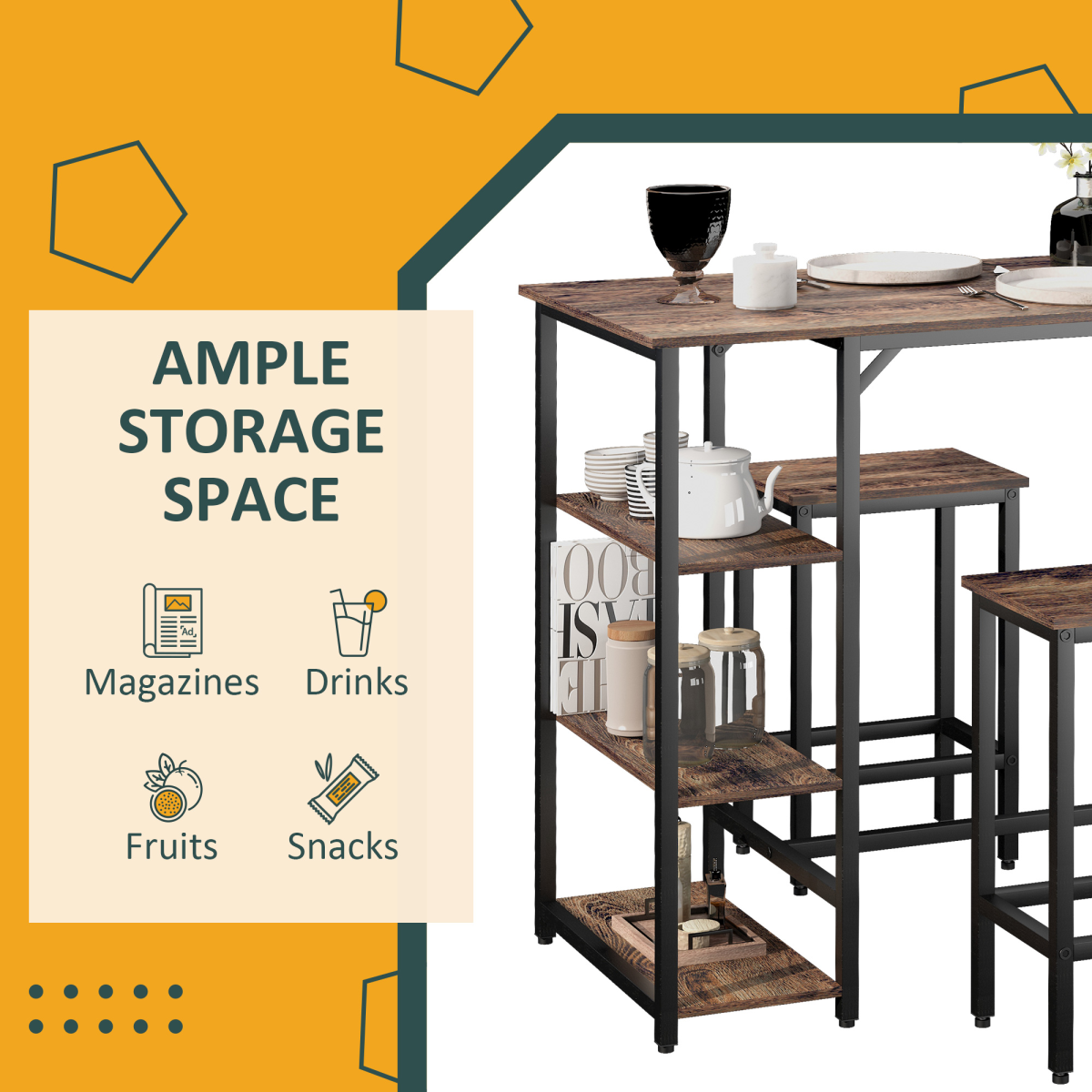 Industrial Bar Height Dining Table Set With 2 Stools & Side Shelf