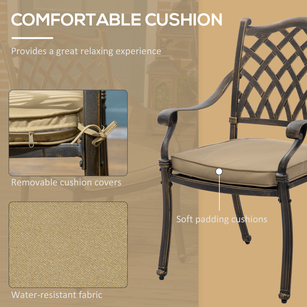 Outsunny 7-PC Cast Aluminum Patio Dining Set w/ Umbrella Hole & Cushion, Bronze