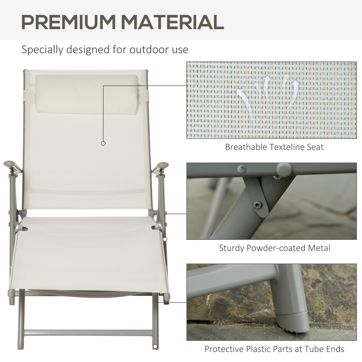 Sun Lounger Recliner Foldable Padded Seat Adjustable Texteline White