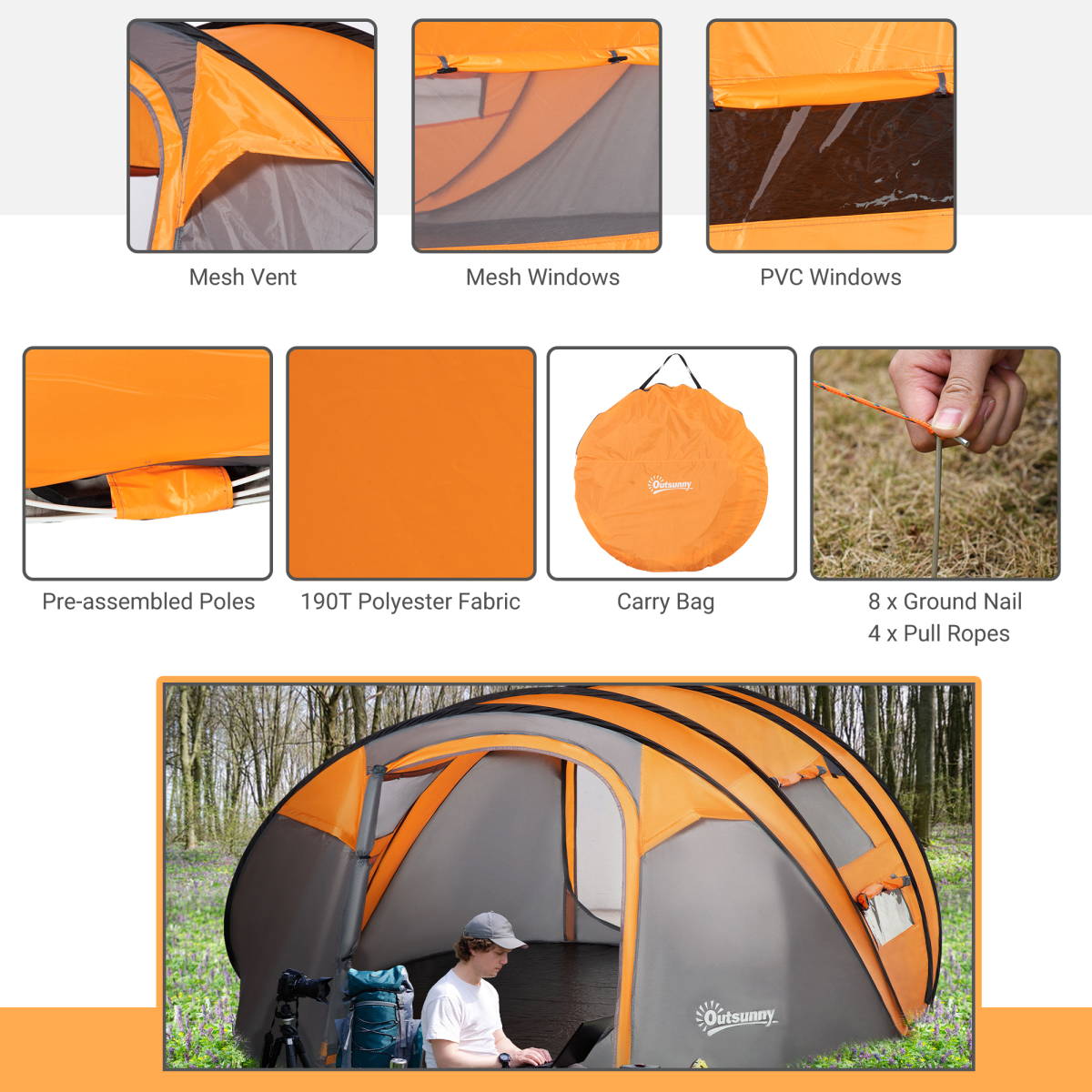 Camping Tent Dome Pop-up Tent  with Windows for 4-5 Person Orange