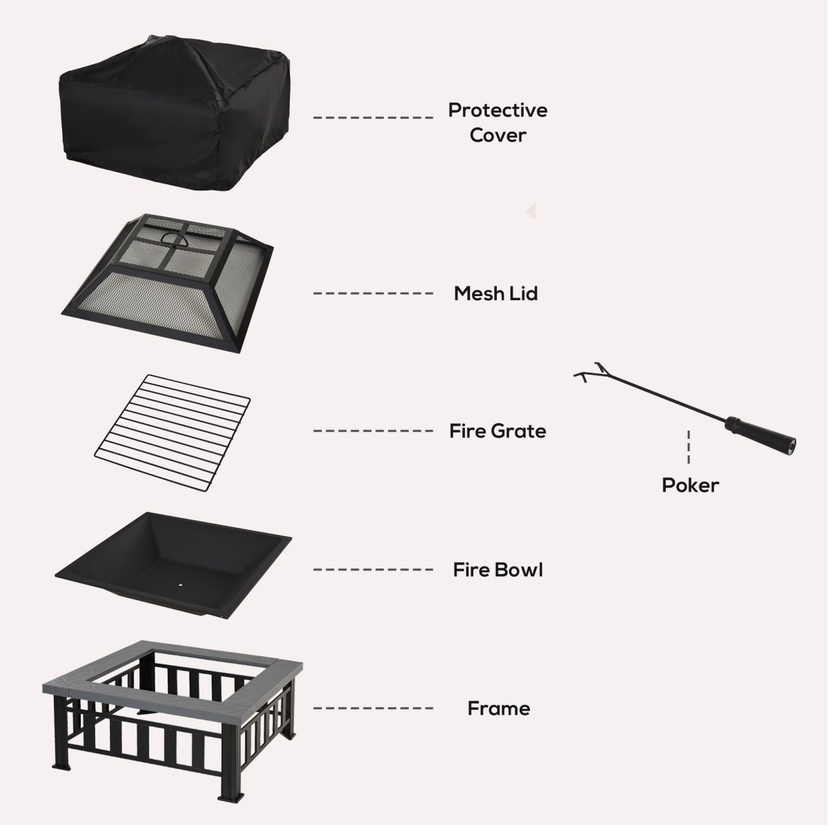 Fire Pit, Square Shape, W/Waterproof Cover-Black/Grey