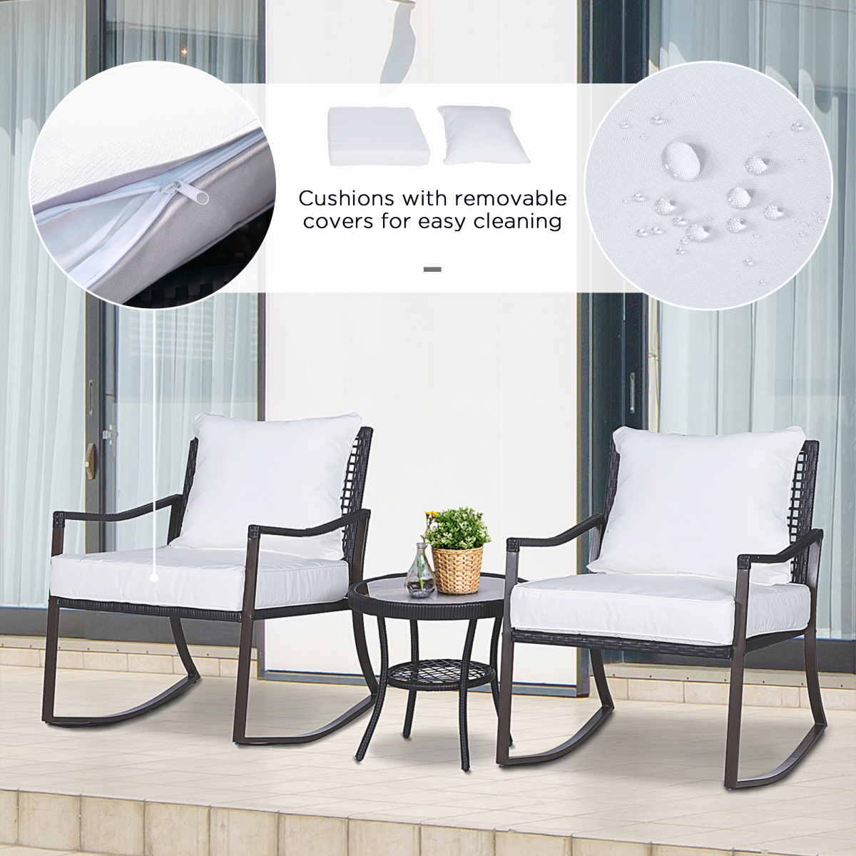 3 PCS Rocking Chair Bistro Set-Brown/Cream White