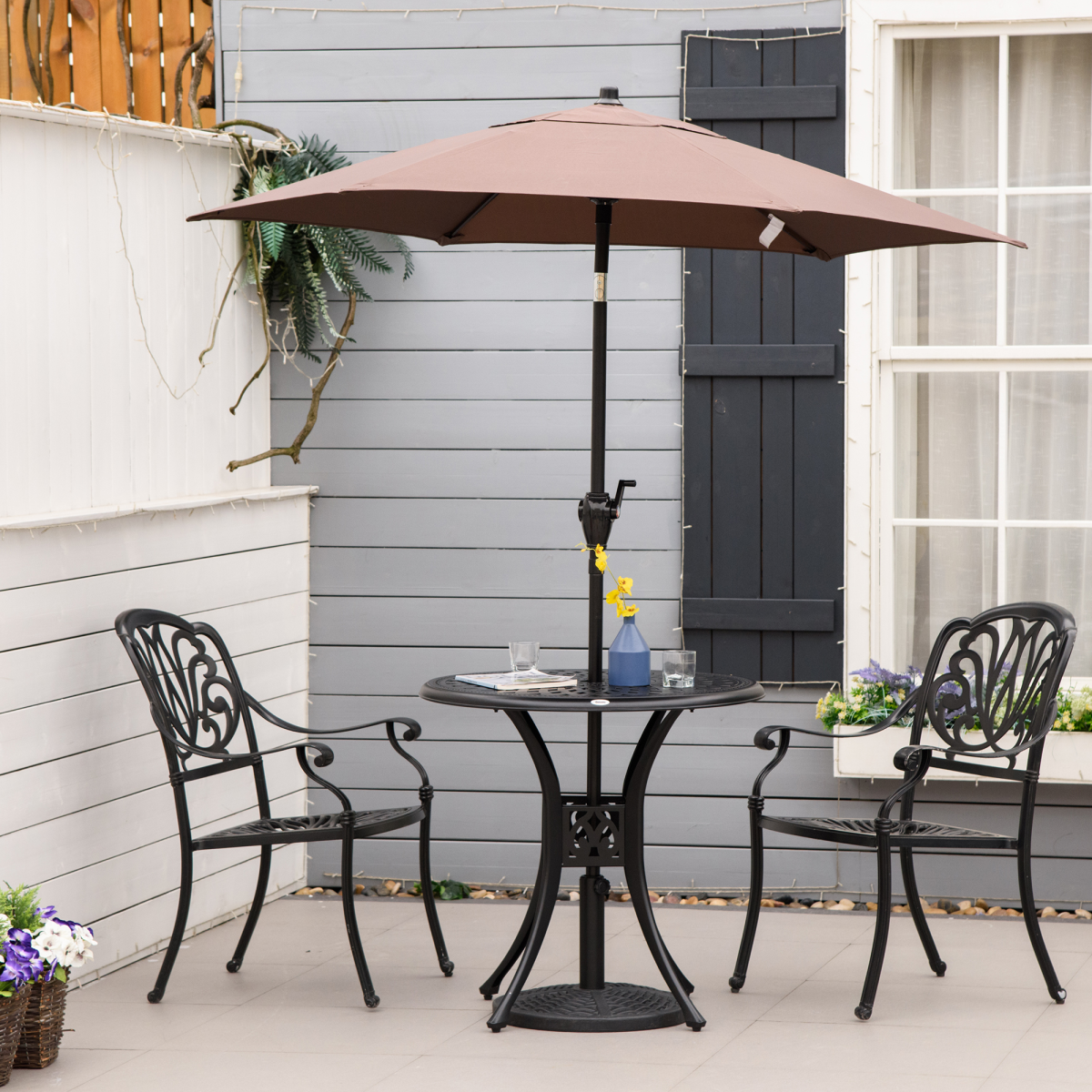 Round Garden Dining Table with Parasol Hole Cast Aluminium Black 78cm