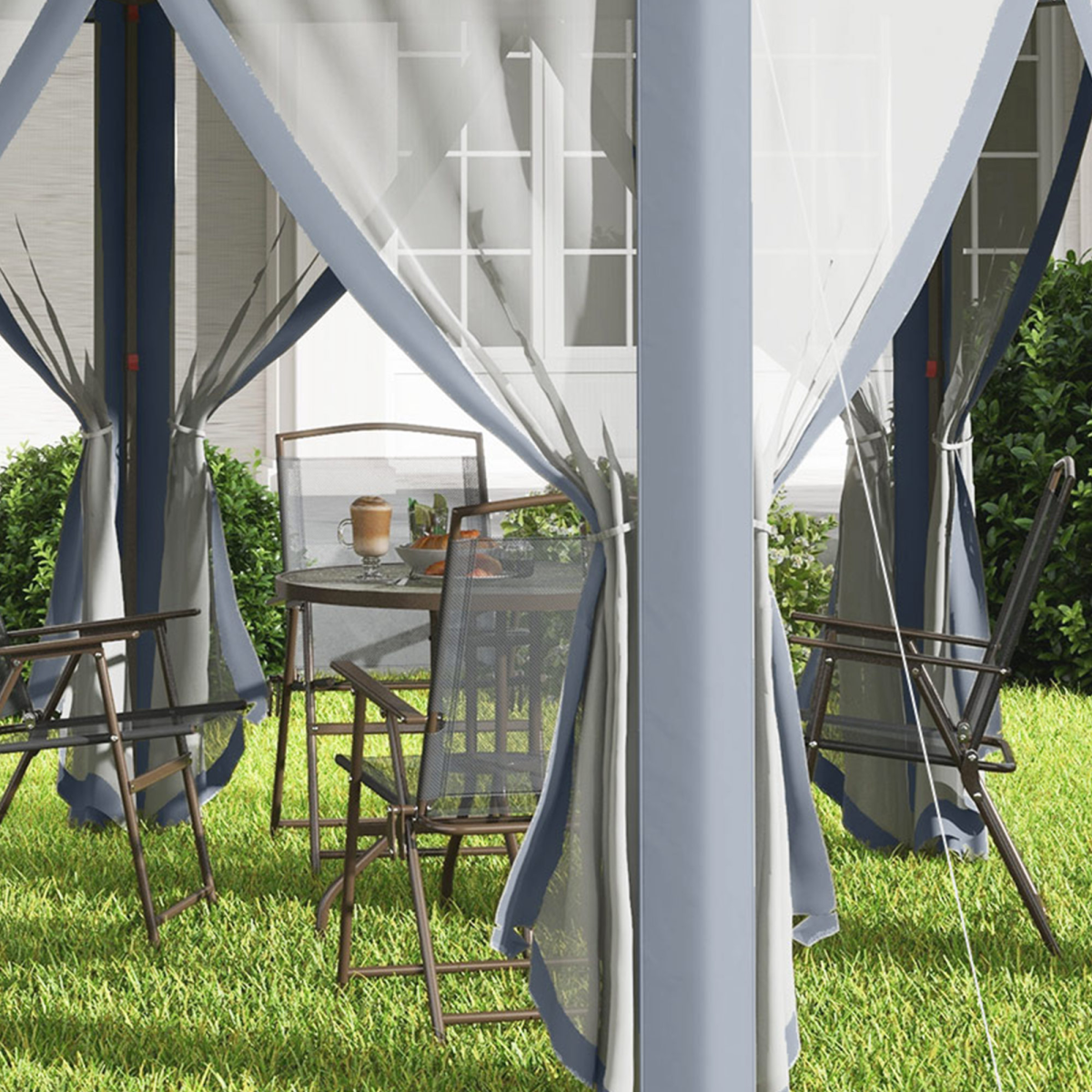 Hexagon Pop Up Gazebo Double Roof Netting, 4m x 4m, Grey w/ Mesh, 4x4m