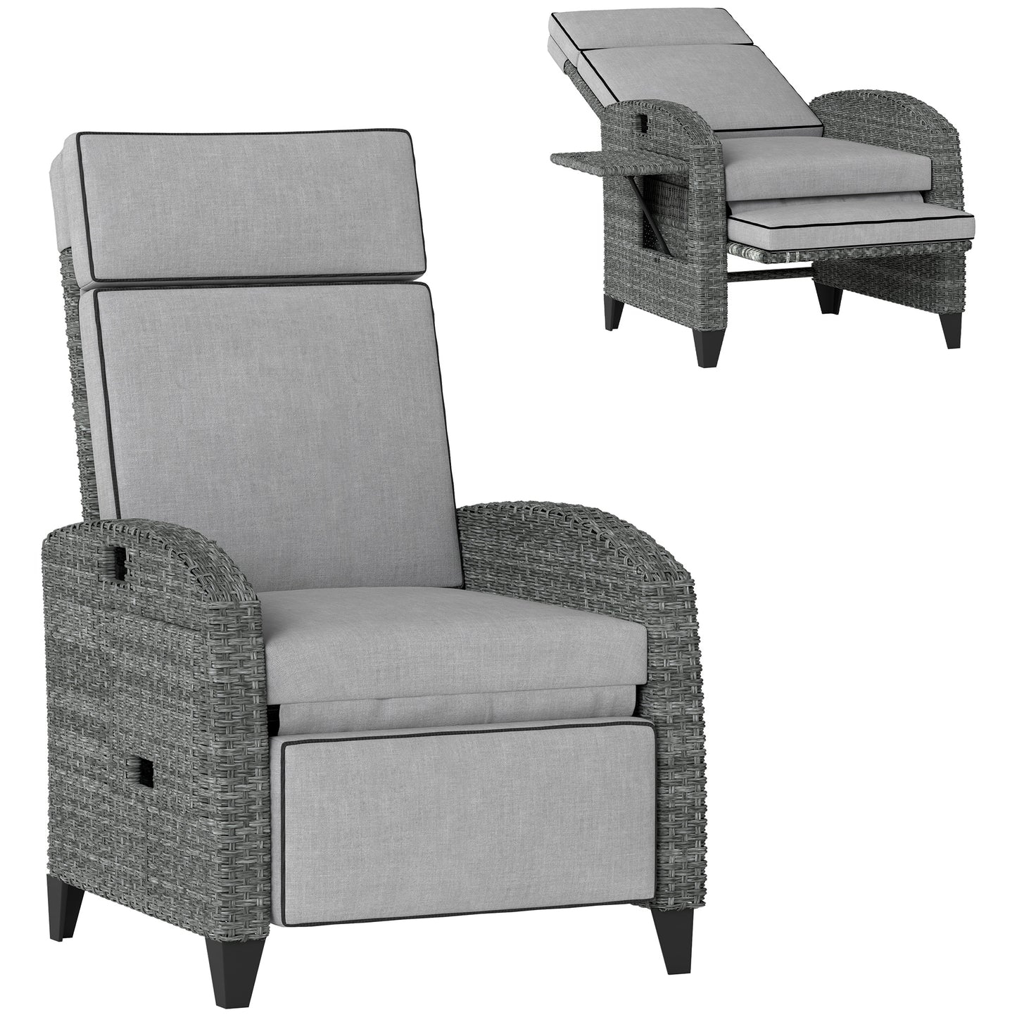 Outdoor Recliner Chair w/ Cushion Rattan Reclining Lounge Chair, Grey