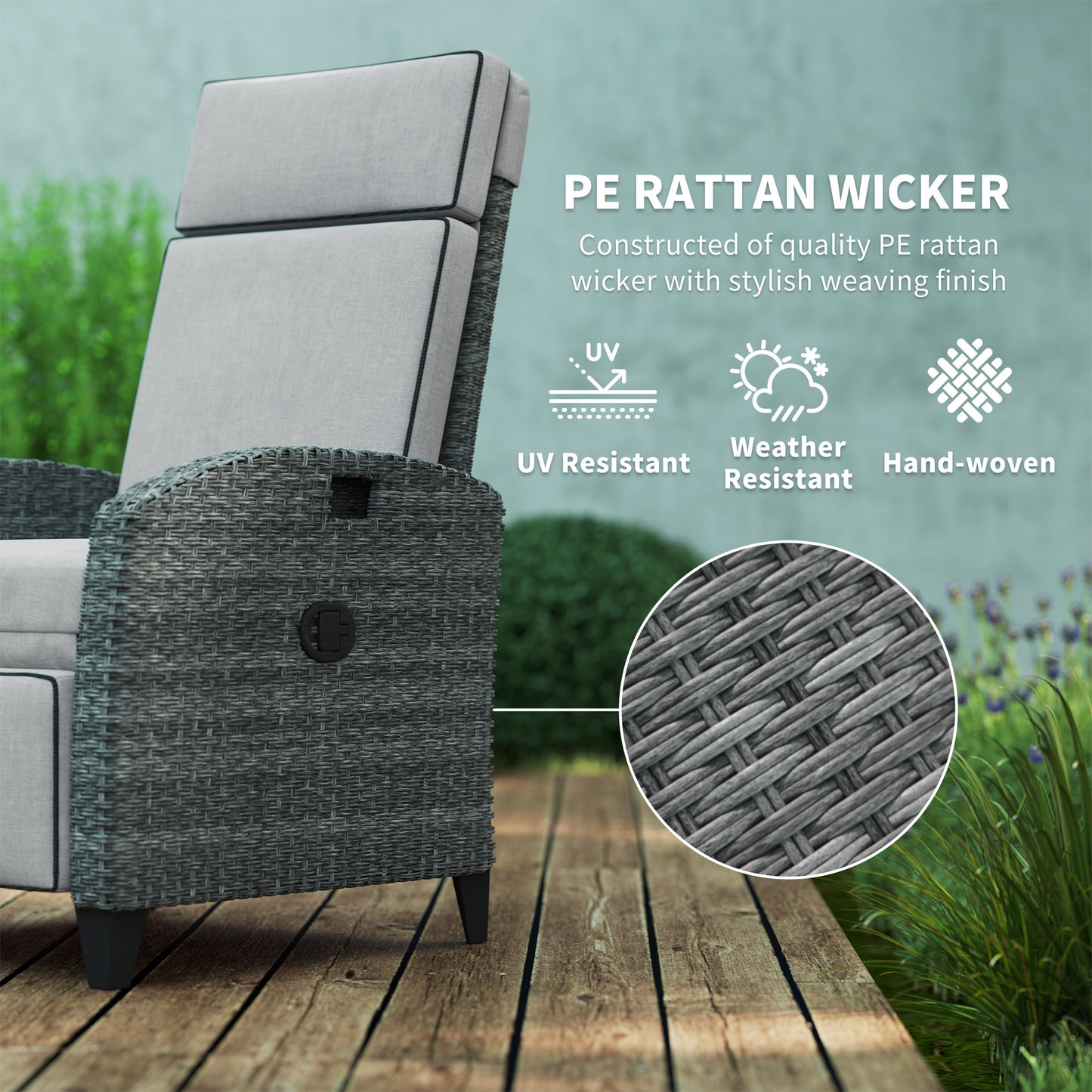 Outdoor Recliner Chair w/ Cushion Rattan Reclining Lounge Chair, Grey