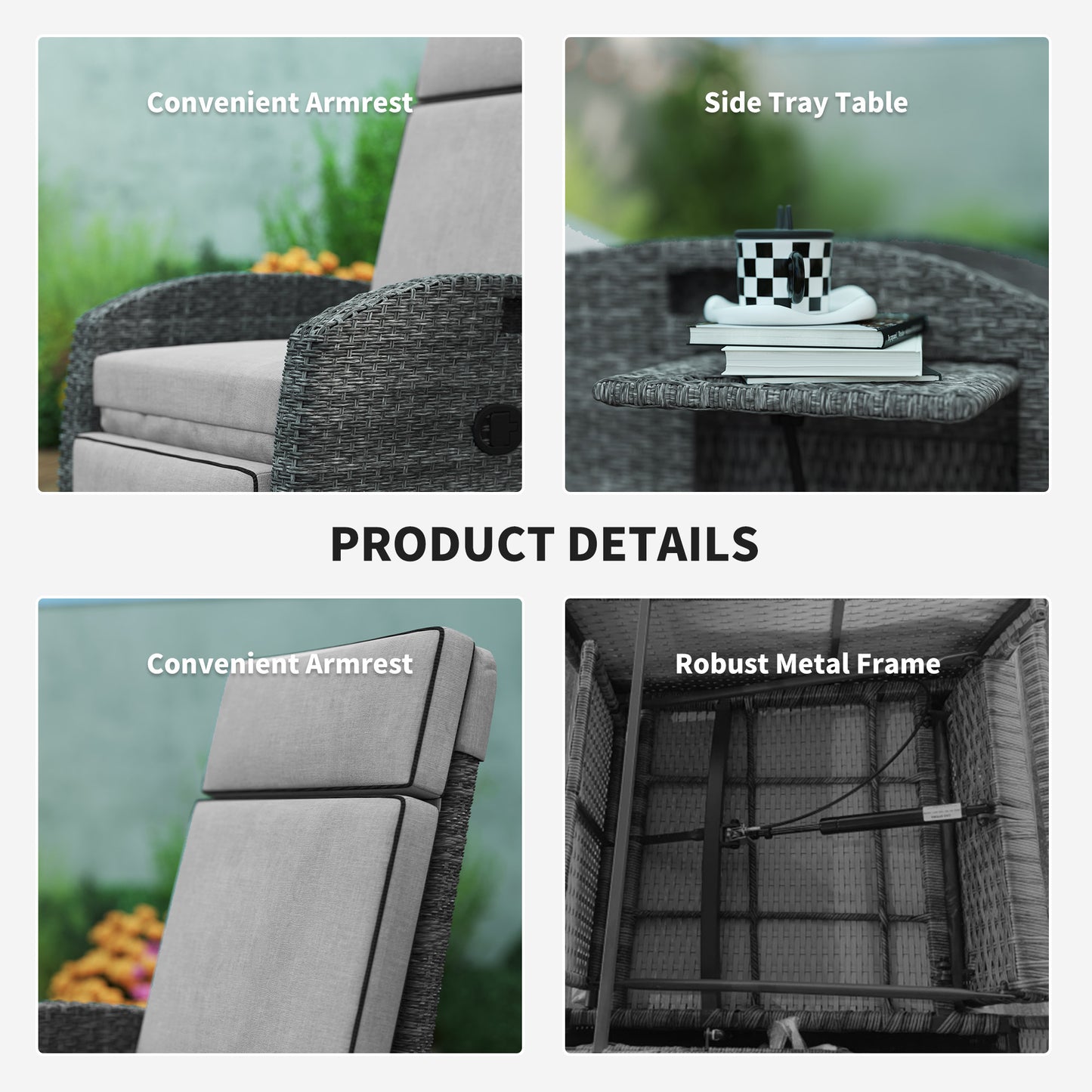 Outdoor Recliner Chair w/ Cushion Rattan Reclining Lounge Chair, Grey