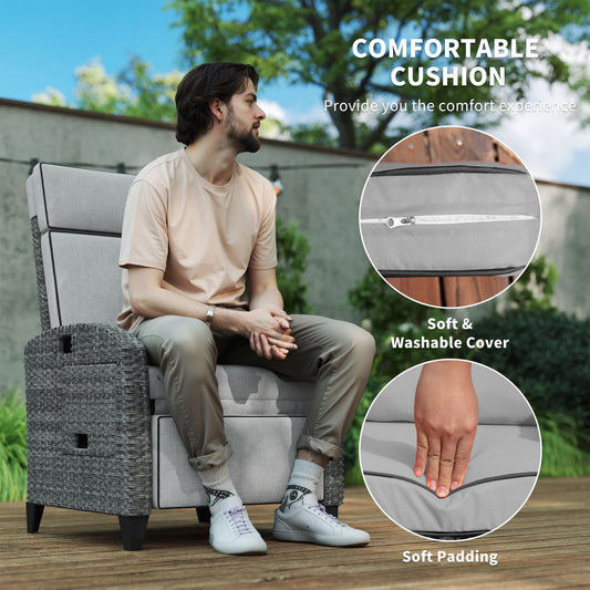 Outdoor Recliner Chair w/ Cushion Rattan Reclining Lounge Chair, Grey