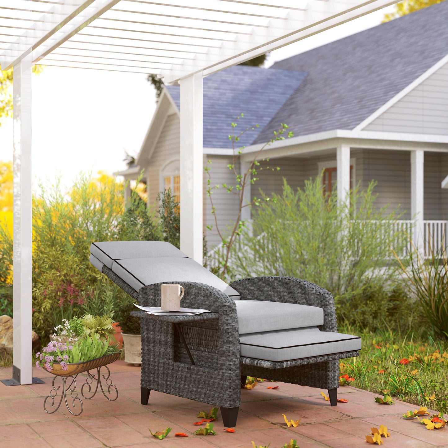 Outdoor Recliner Chair w/ Cushion Rattan Reclining Lounge Chair, Grey